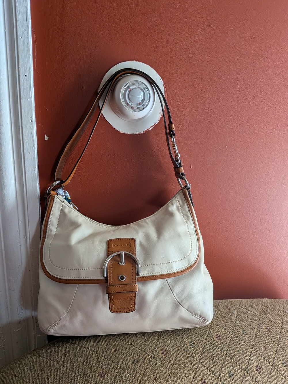 Coach Cream Shoulder Bag with Tan Leather Trim